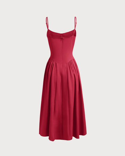 Red Square Neck Pocket Slip Midi Dress