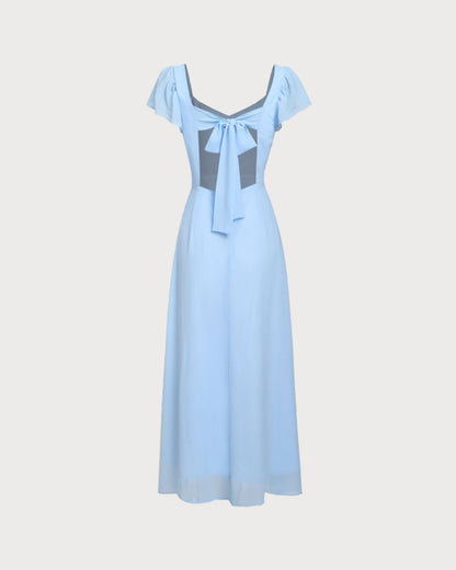 Blue Sweetheart Neck Chiffon Maxi Dress