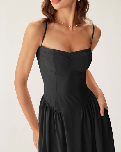 Black Square Neck Pocket Slip Midi Dress