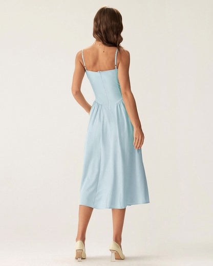 Blue Square Neck Pocket Slip Midi Dress