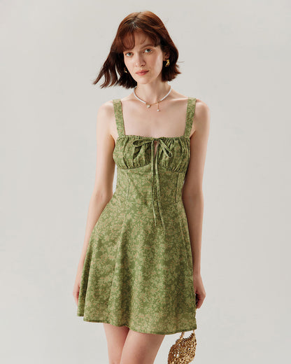Green Floral Ruched Slip Mini Dress
