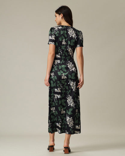 Black V Neck Floral Midi Dress