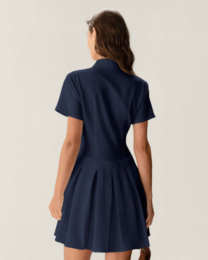 Navy Button Pleated Mini Dress
