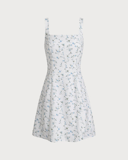 White Floral Square Neck Slip Mini Dress