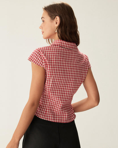 Red Plaid Cap Sleeve Button Blouse