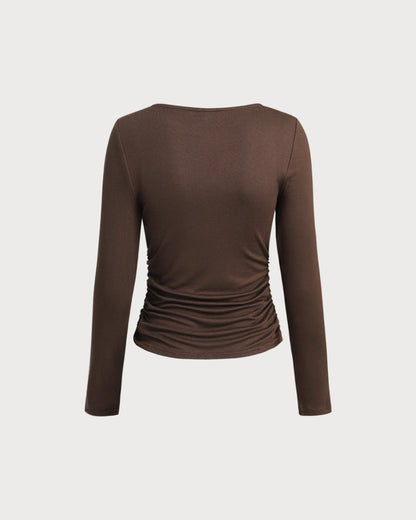 Brown Round Neck Slim Knit Tee