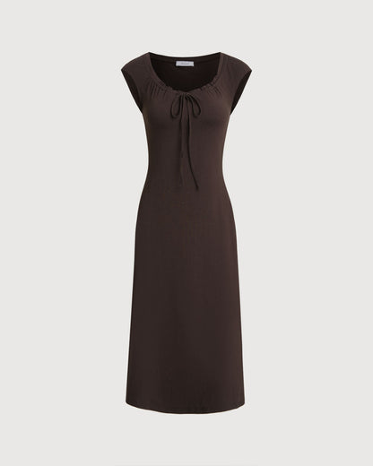 Brown Boat Neck Cap Sleeve Midi Dress