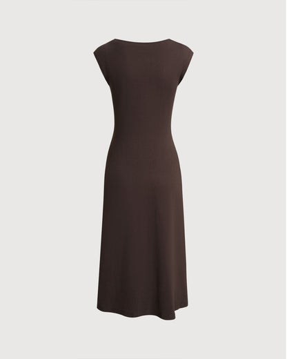 Brown Boat Neck Cap Sleeve Midi Dress