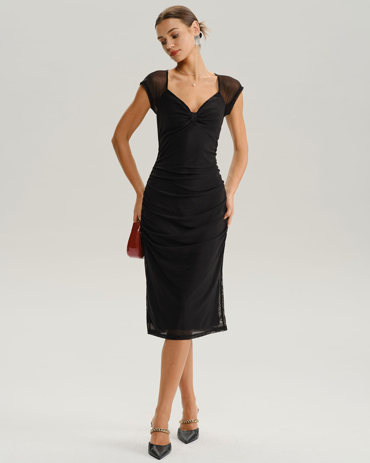 Black V Neck Mesh Midi Dress