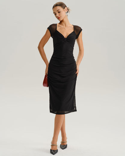 Black V Neck Mesh Midi Dress