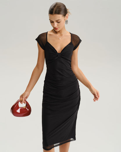 Black V Neck Mesh Midi Dress
