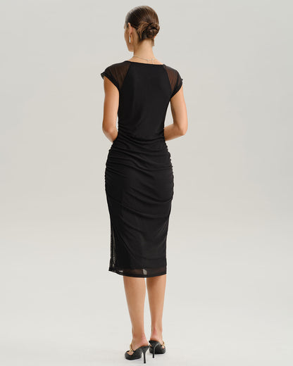 Black V Neck Mesh Midi Dress