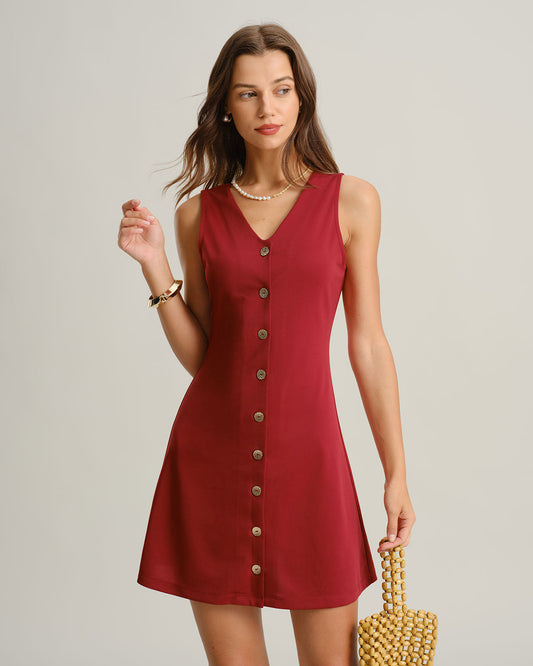 Red V Neck Sleeveless Mini Dress