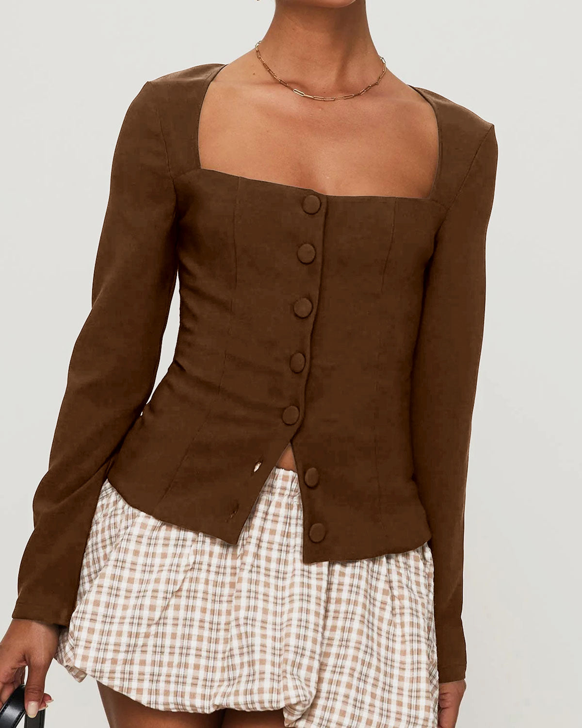 Brown Square Neck Button Blouse