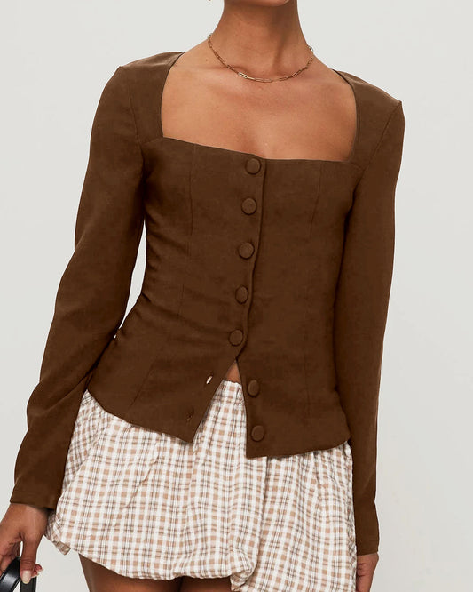 Brown Square Neck Button Blouse