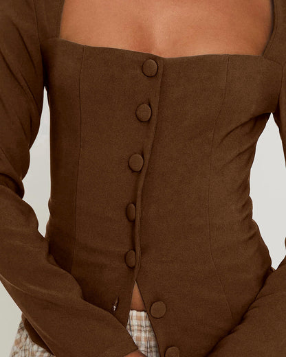 Brown Square Neck Button Blouse