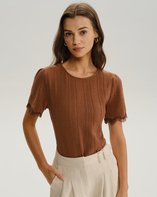 Brown Round Neck Textured Knit Tee