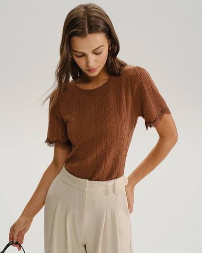 Brown Round Neck Textured Knit Tee