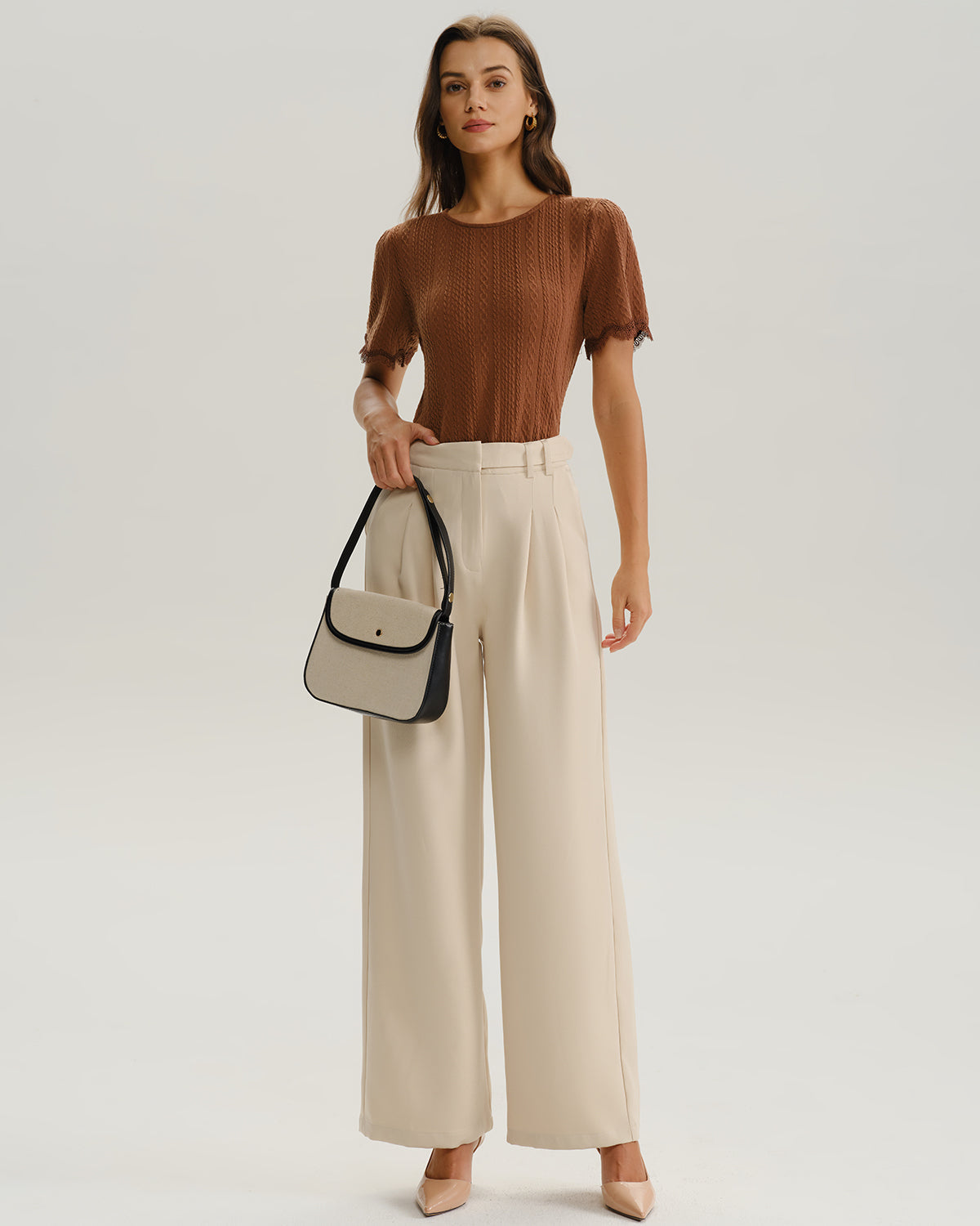 Brown Round Neck Textured Knit Tee