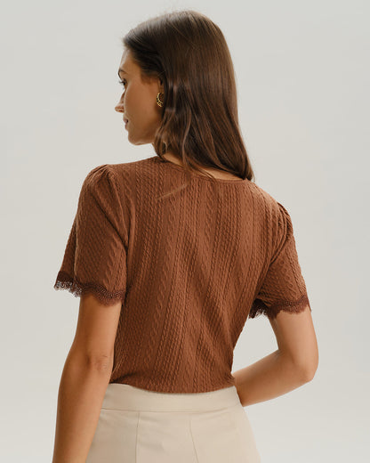 Brown Round Neck Textured Knit Tee