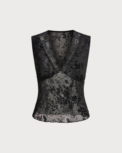 Black Lace V Neck Tank Top