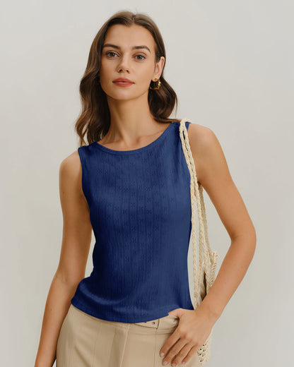 Blue Boat Neck Ribbed Knit Tank Top