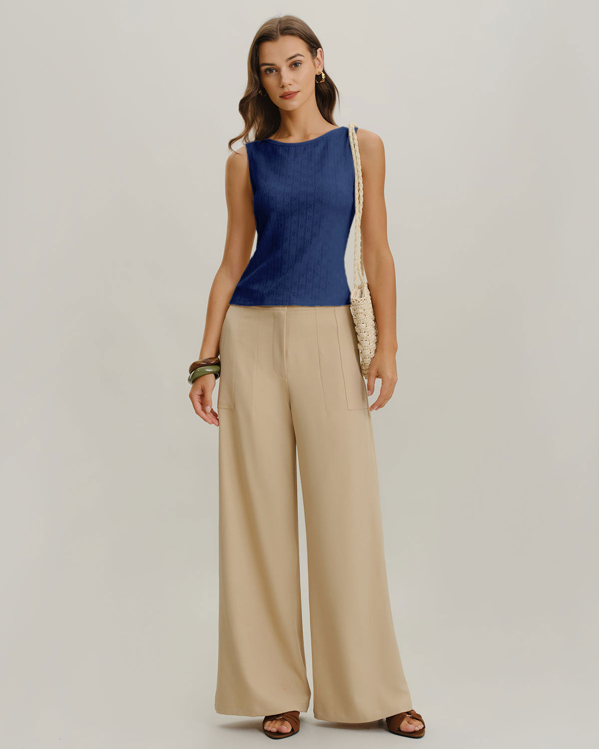 Blue Boat Neck Ribbed Knit Tank Top