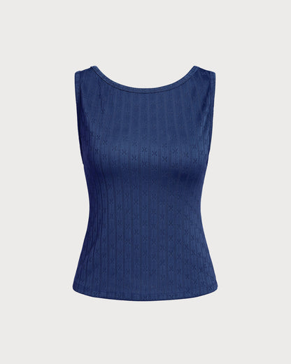 Blue Boat Neck Ribbed Knit Tank Top