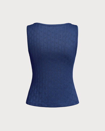 Blue Boat Neck Ribbed Knit Tank Top