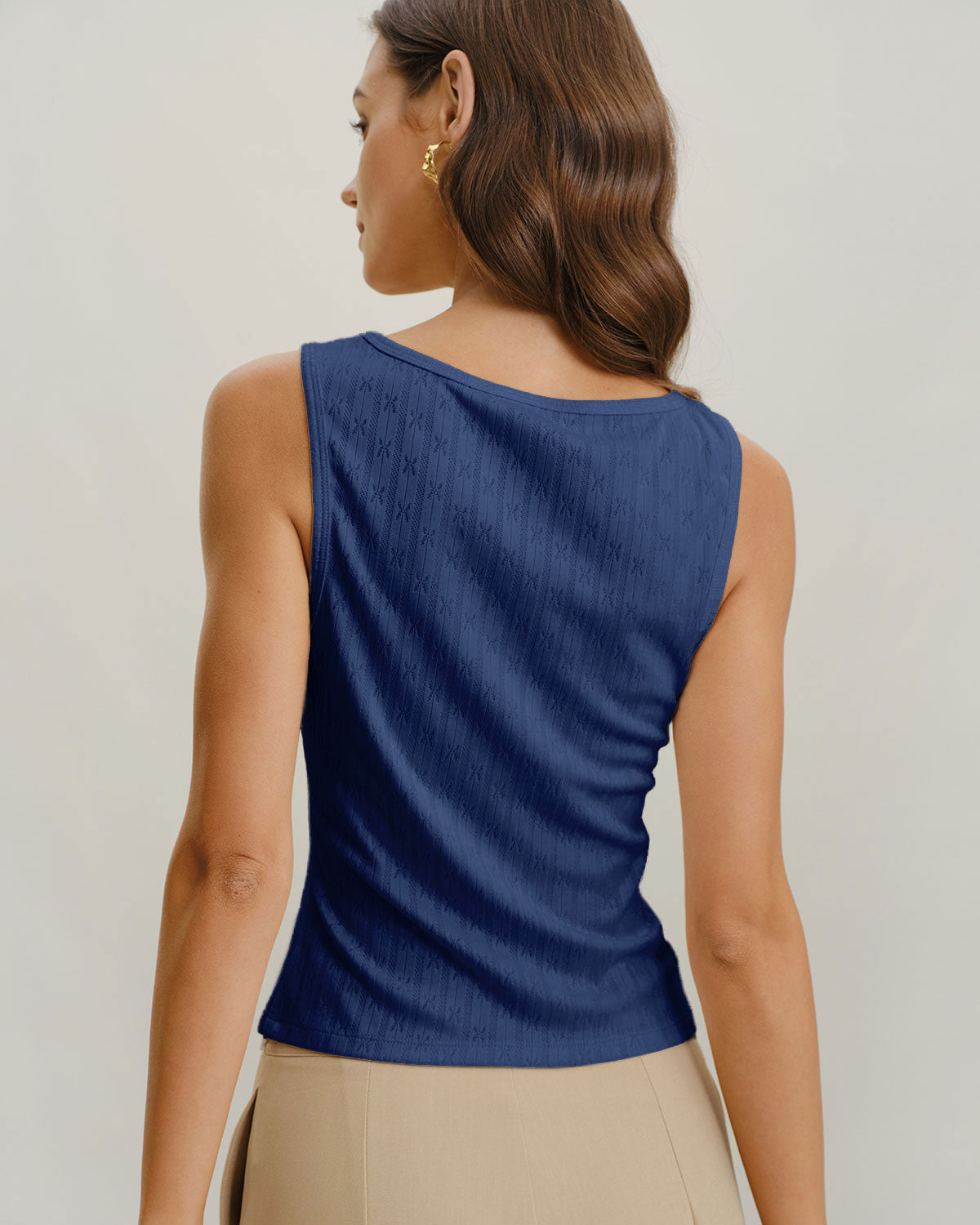 Blue Boat Neck Ribbed Knit Tank Top
