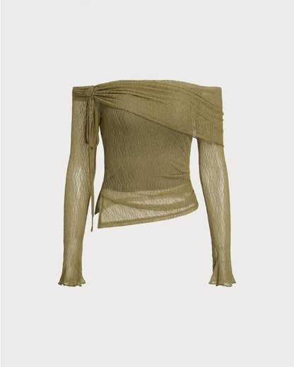 Green Off The Shoulder Bell Sleeve Tee