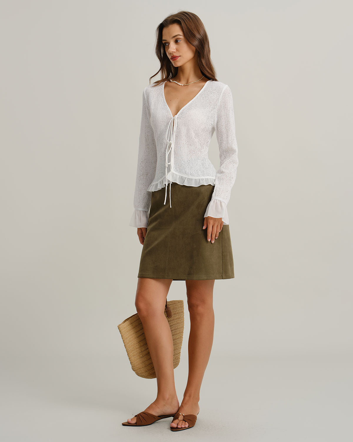 White V Neck Ruffle Poet Sleeve Cardigan