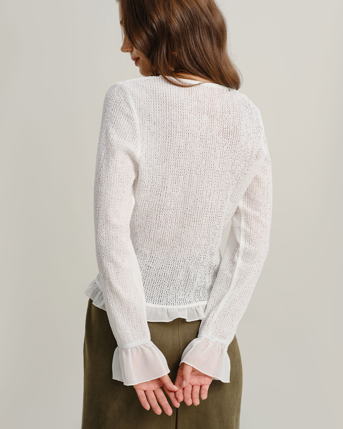White V Neck Ruffle Poet Sleeve Cardigan