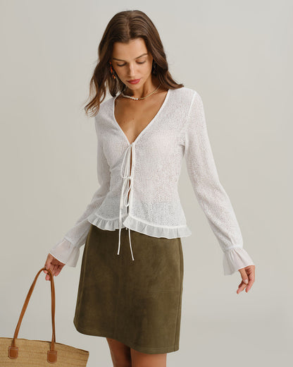 White V Neck Ruffle Poet Sleeve Cardigan