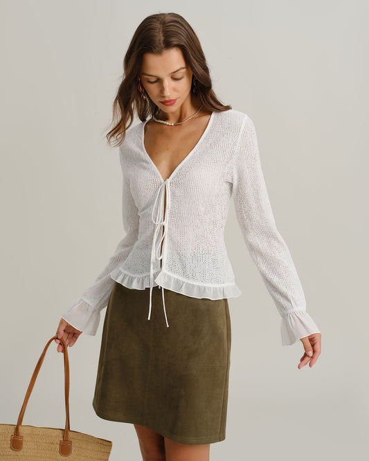 White V Neck Ruffle Poet Sleeve Cardigan