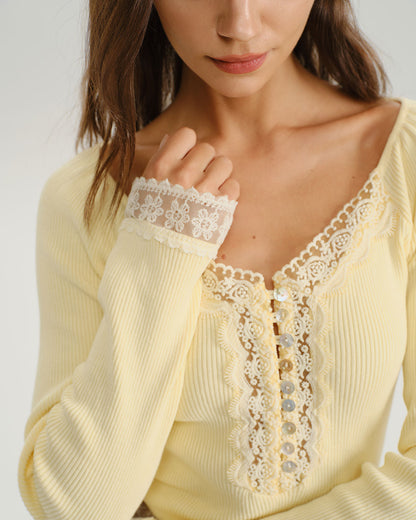 Yellow V Neck Lace Knit Tee