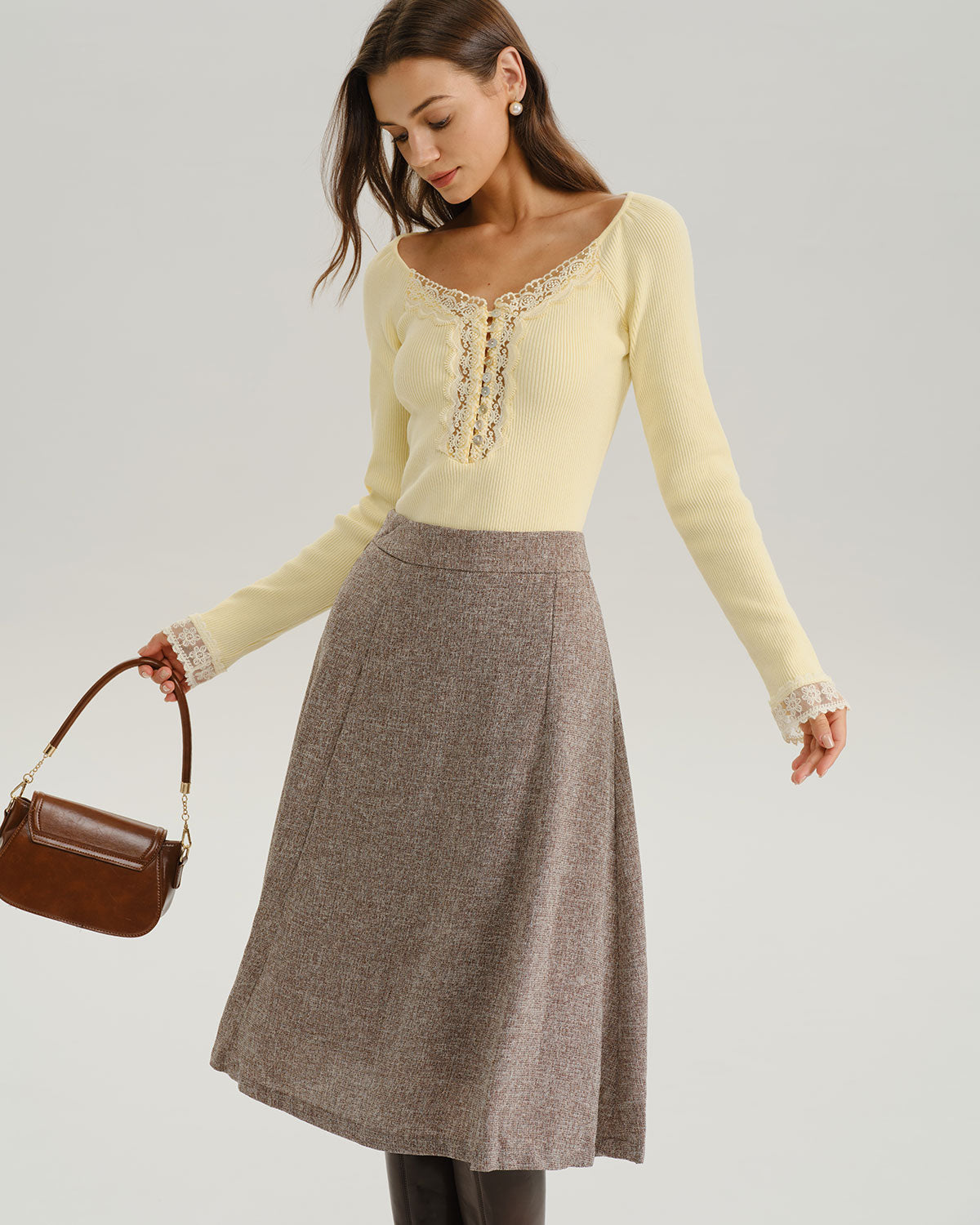Yellow V Neck Lace Knit Tee