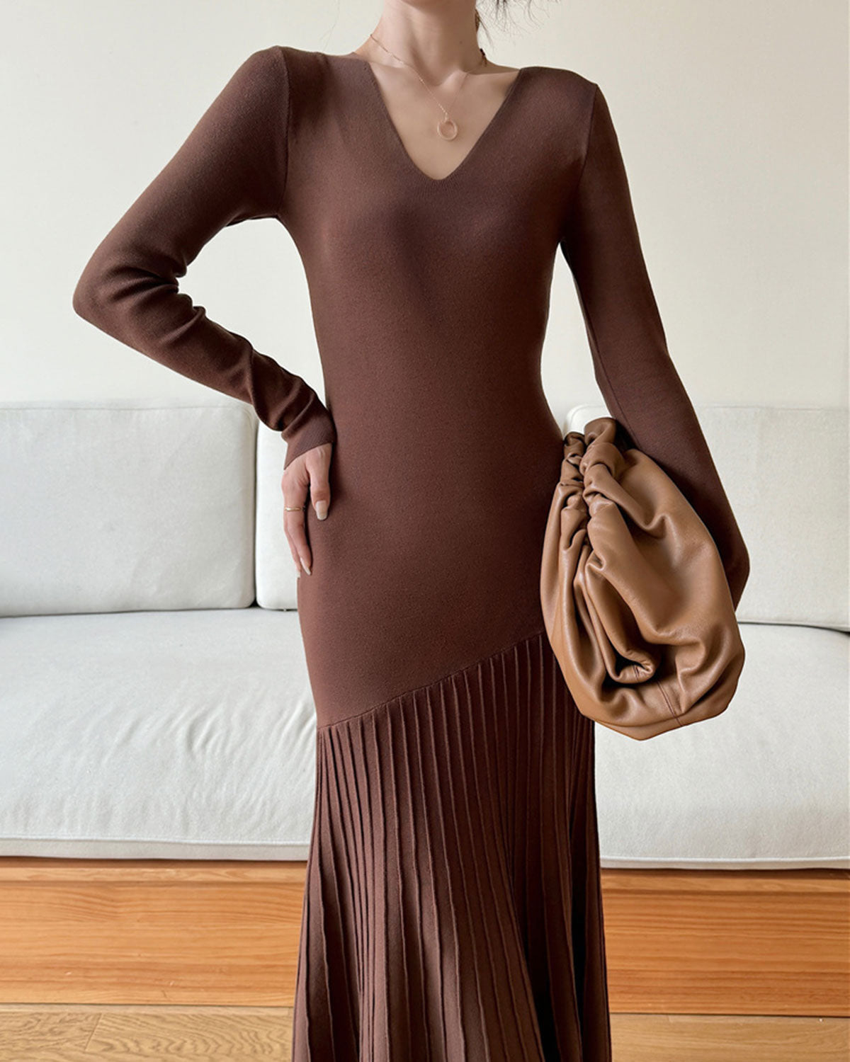 Coffee Scoop Neck Bodycon Sweater Dress