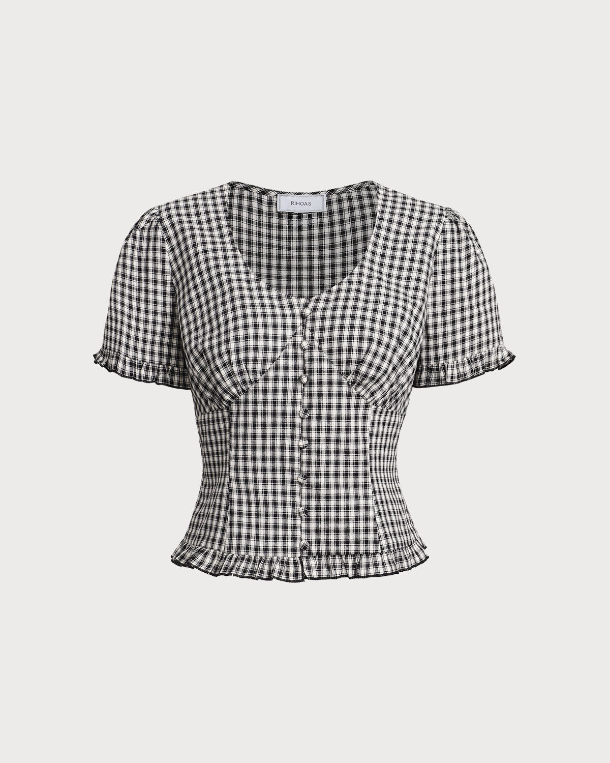Black Plaid V Neck Ruffle Blouse