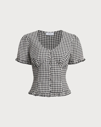 Black Plaid V Neck Ruffle Blouse