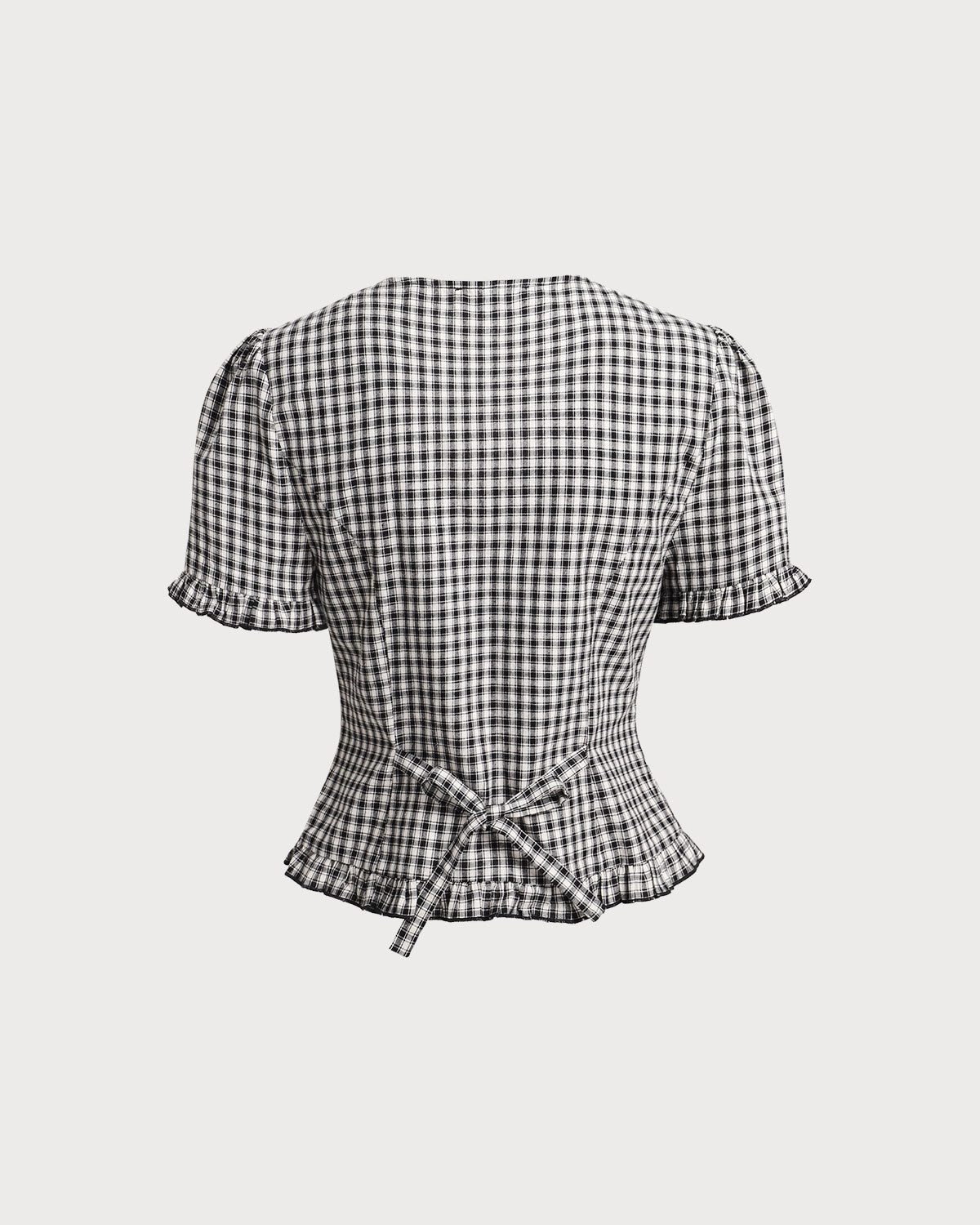 Black Plaid V Neck Ruffle Blouse