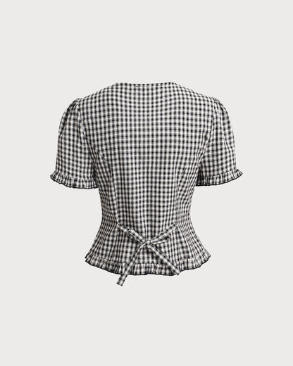 Black Plaid V Neck Ruffle Blouse