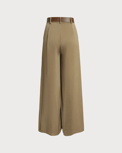 Khaki Natural Waisted Wide Leg Casual Pants