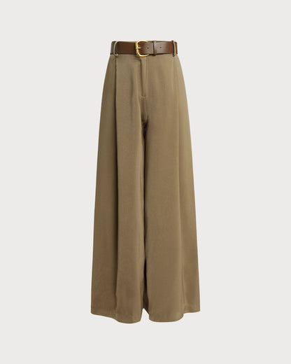 Khaki Natural Waisted Wide Leg Casual Pants