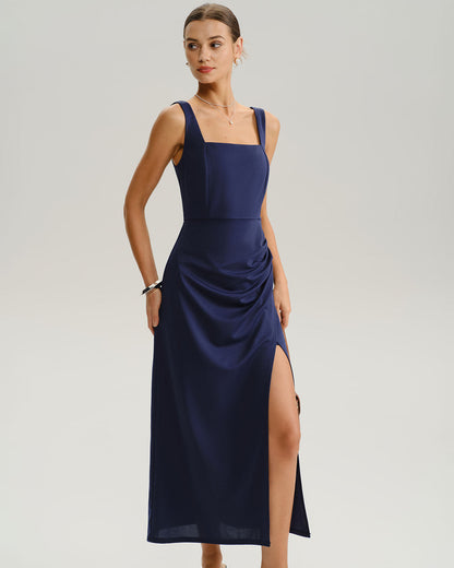 Navy Ruched Slit Slip Maxi Dress