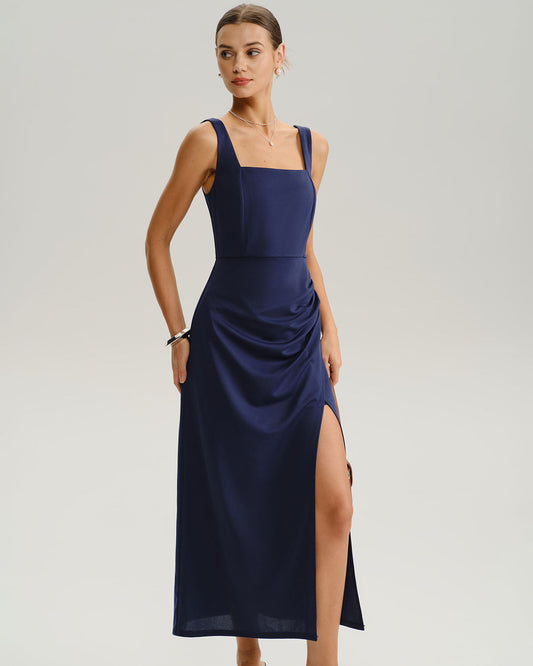 Navy Ruched Slit Slip Maxi Dress