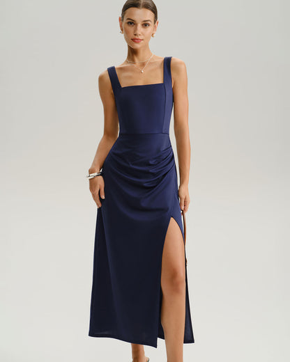 Navy Ruched Slit Slip Maxi Dress