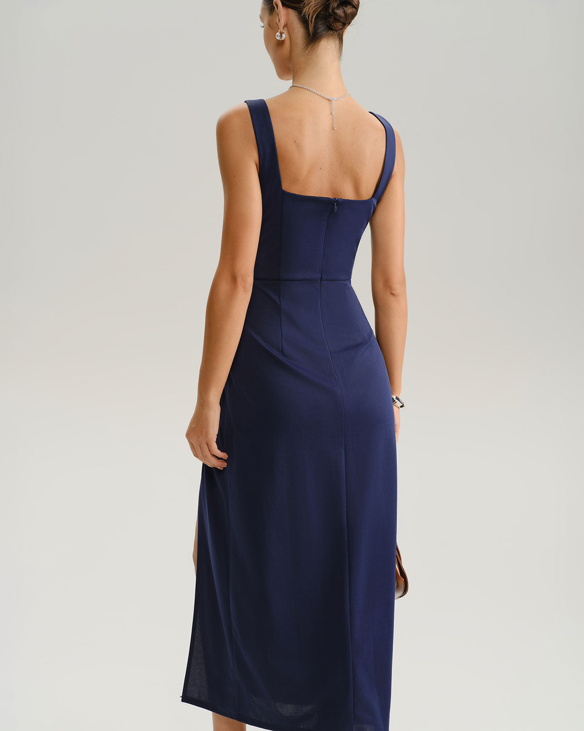 Navy Ruched Slit Slip Maxi Dress