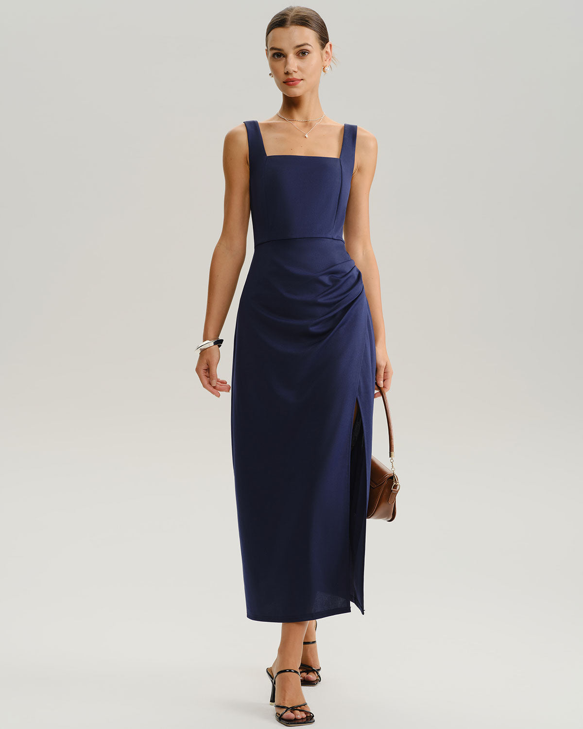 Navy Ruched Slit Slip Maxi Dress