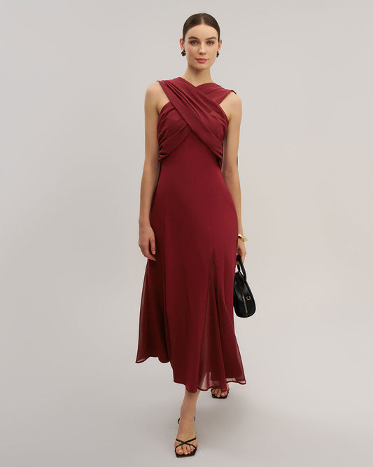 Wine Red Flowy Sleeveless Maxi Dress
